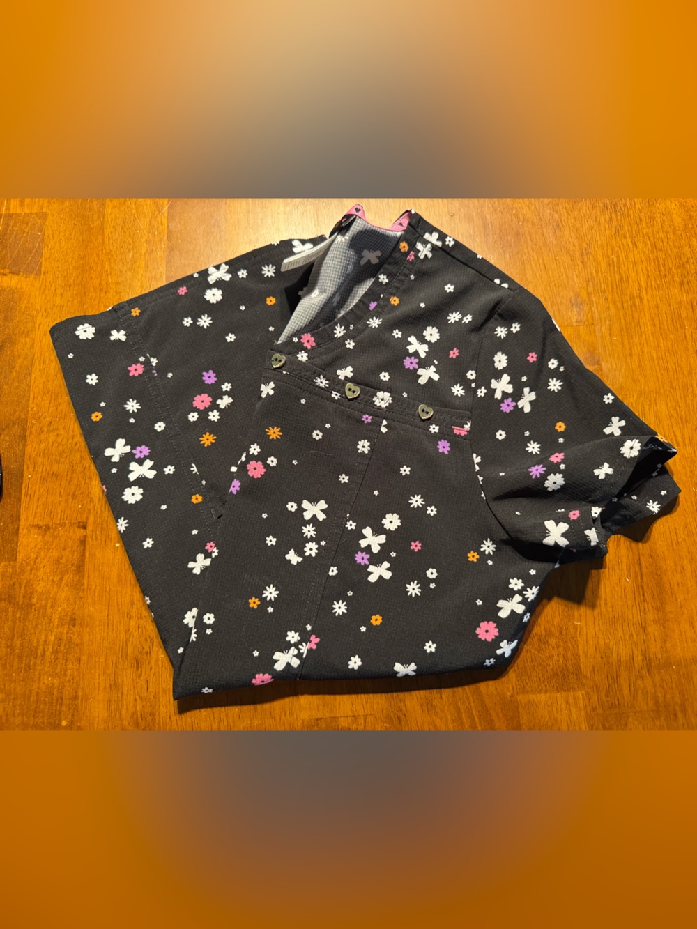 Heart Soul Black Floral Polo Top with White, Pink & Purple Accents